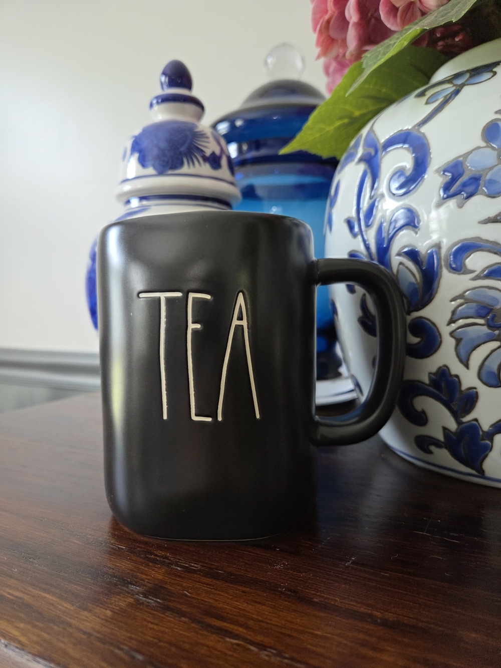 Rae Dunn Black Ceramic 'TEA' Mug with Raised White Lettering